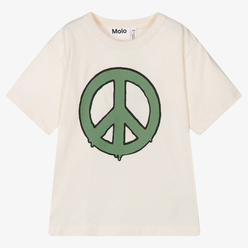 Molo - Ivory & Green Peace Sign Cotton T-Shirt | Childrensalon