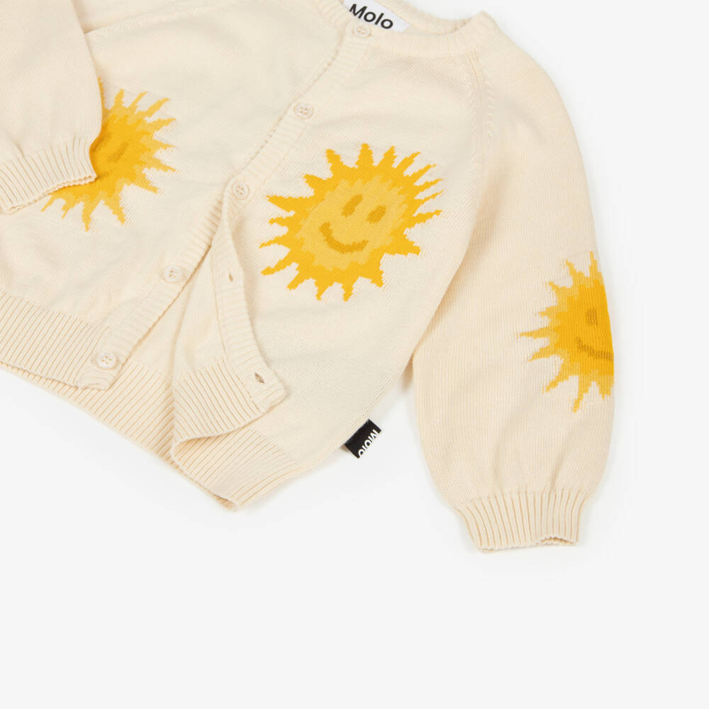 Molo-Ivory Organic Cotton Knitted Cardigan with Smiling Sun Faces | Childrensalon Outlet