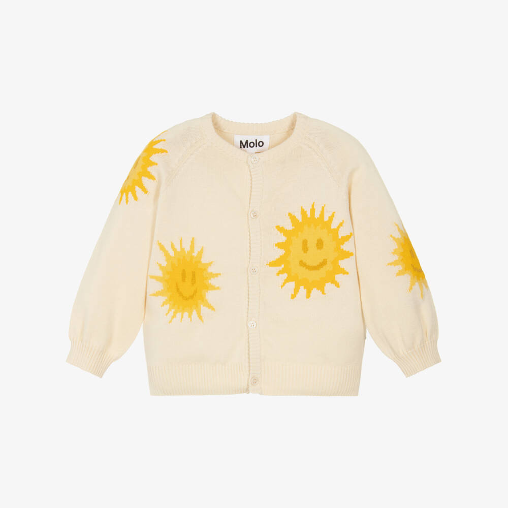 Molo-Ivory Organic Cotton Knitted Cardigan with Smiling Sun Faces | Childrensalon Outlet