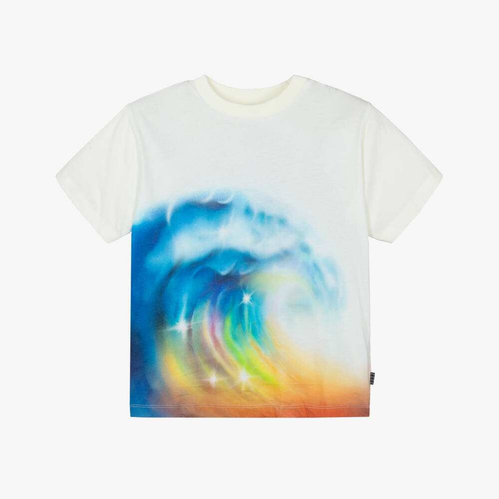 Molo-Ivory Organic Cotton T-Shirt with Colourful Wave Print | Childrensalon Outlet