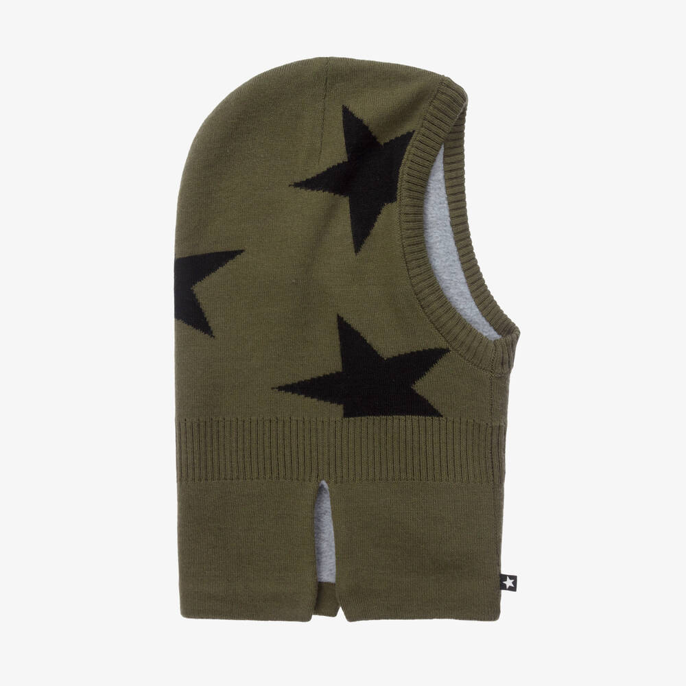 Molo - Khaki Green Wool Knit Star Balaclava | Childrensalon