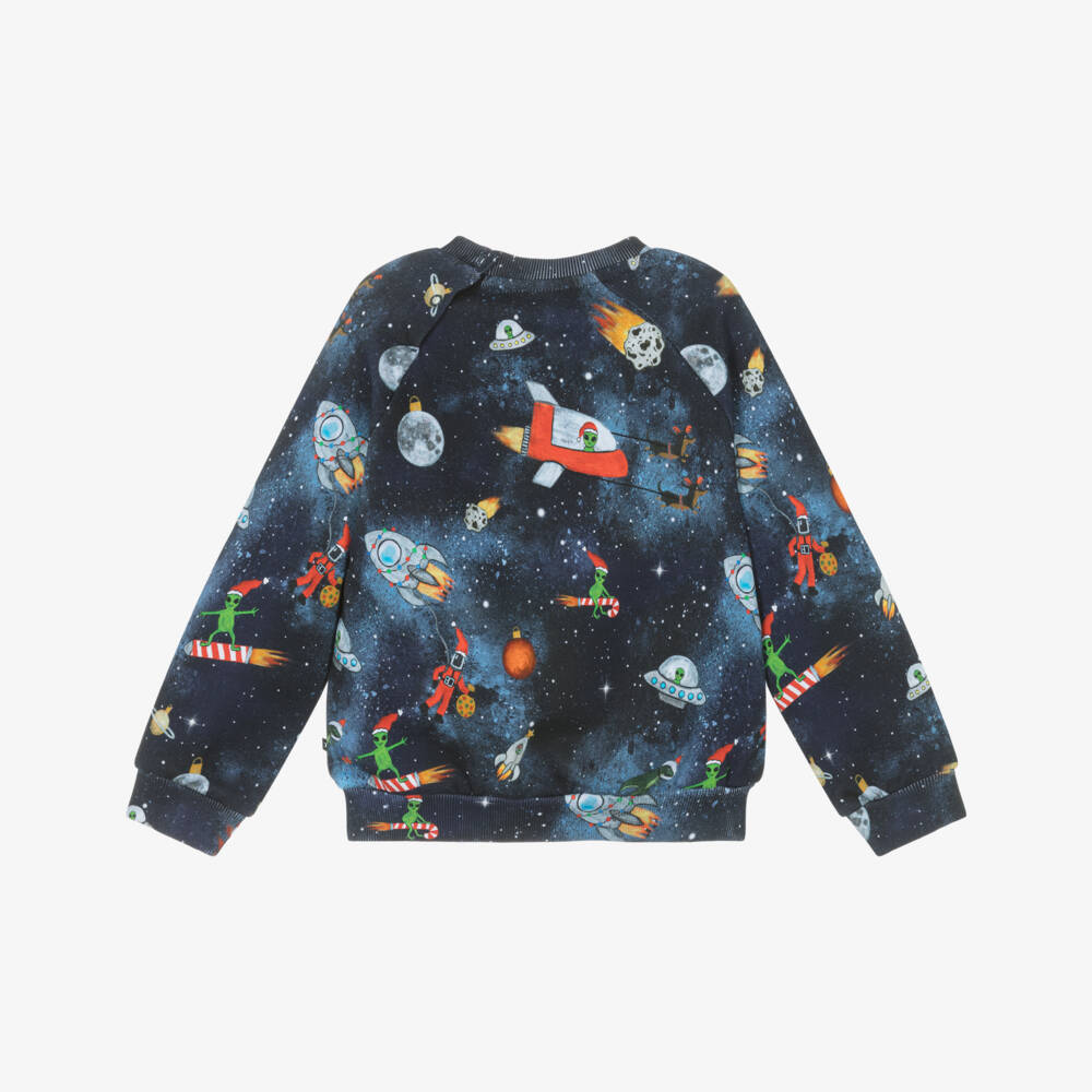 Molo-Navy Blue Organic Cotton Sweatshirt with Festive Space Print | Childrensalon Outlet