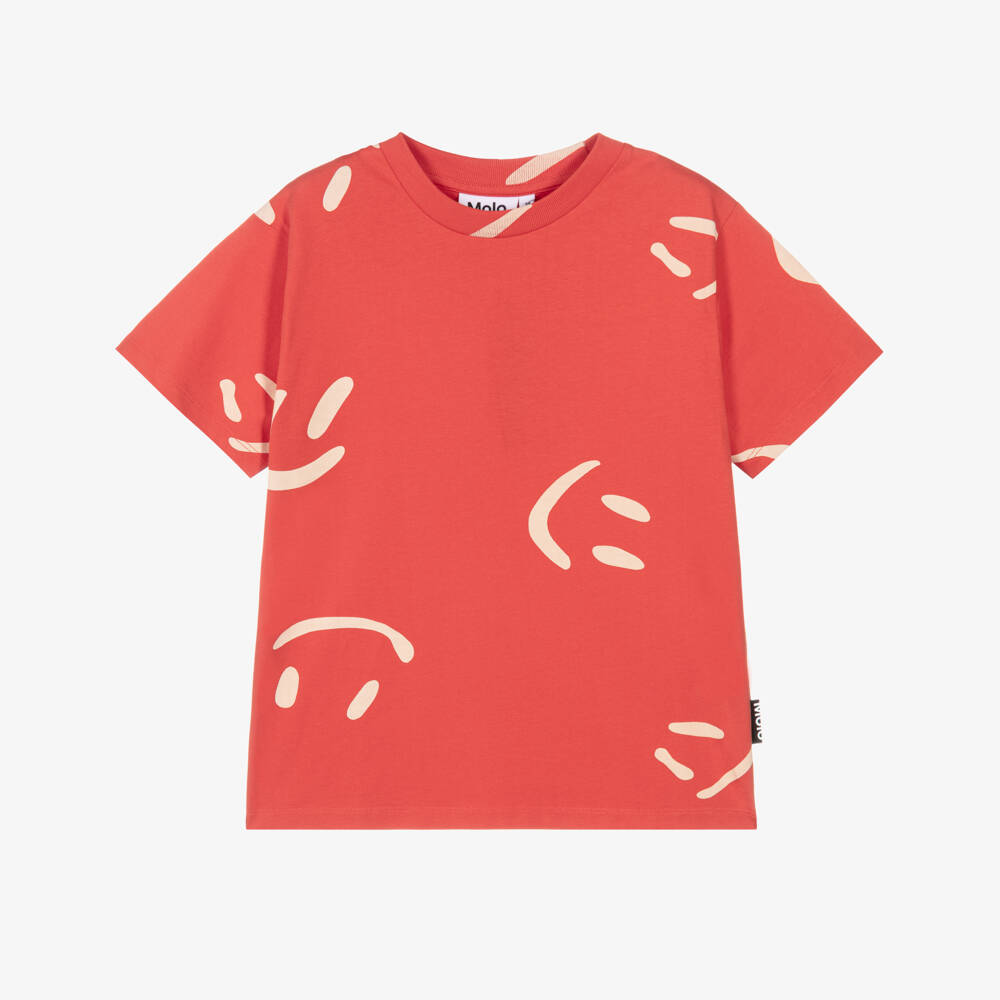 Molo-Red Cotton Smiling Face T-Shirt | Childrensalon Outlet