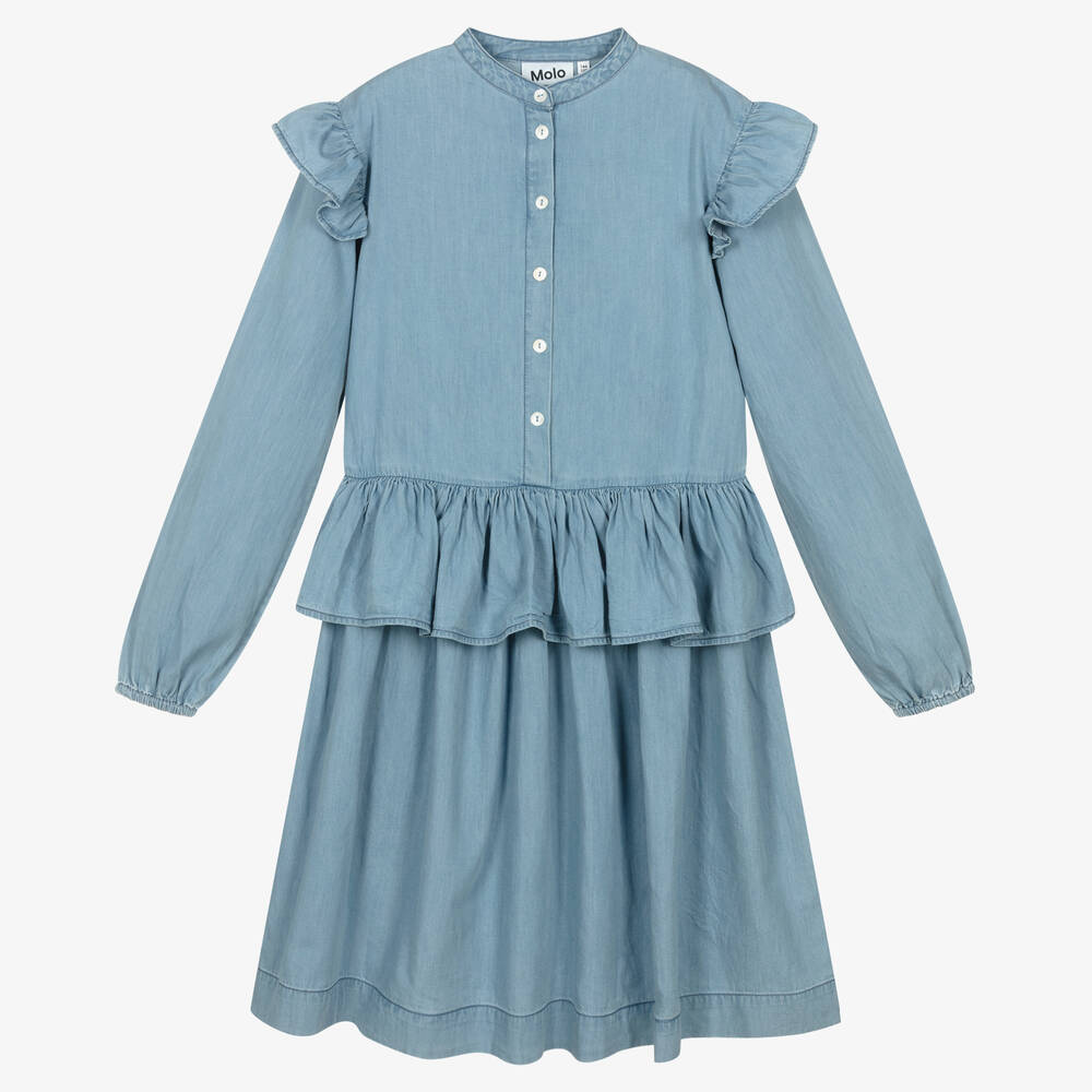 Molo - Blaues Teen Rüschen-Baumwollkleid | Childrensalon