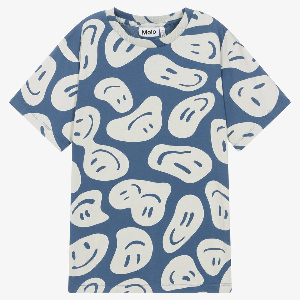 Molo - T-shirt bleu en coton bio sourires | Childrensalon