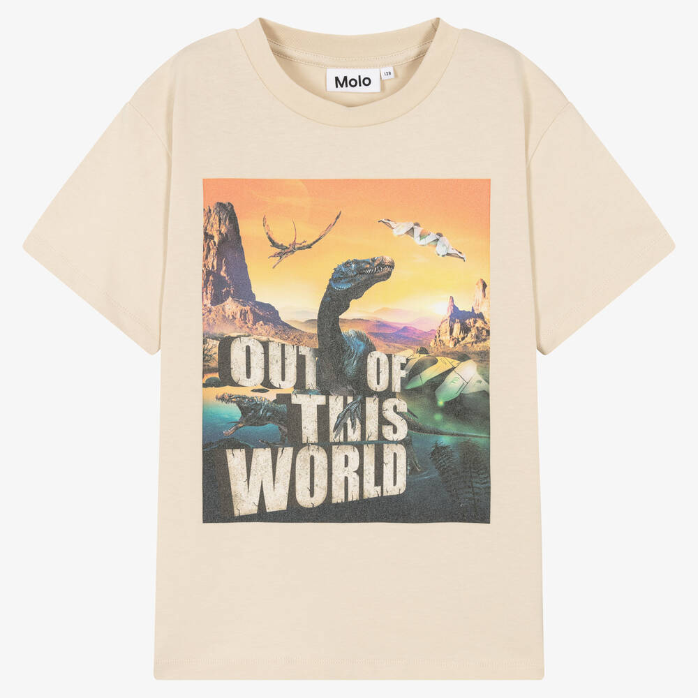 Molo - Teen Boys Beige Cotton T-Rex World T-Shirt | Childrensalon