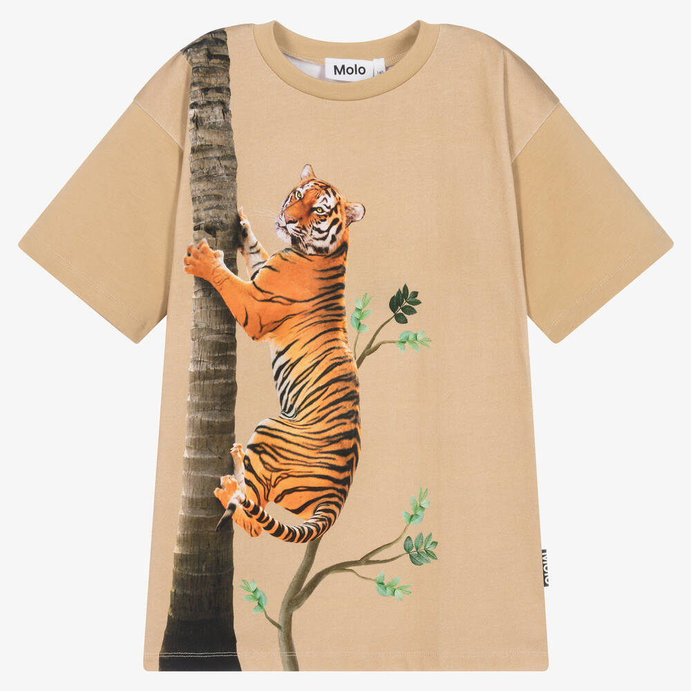 Molo - Бежевая хлопковая футболка с тигром | Childrensalon