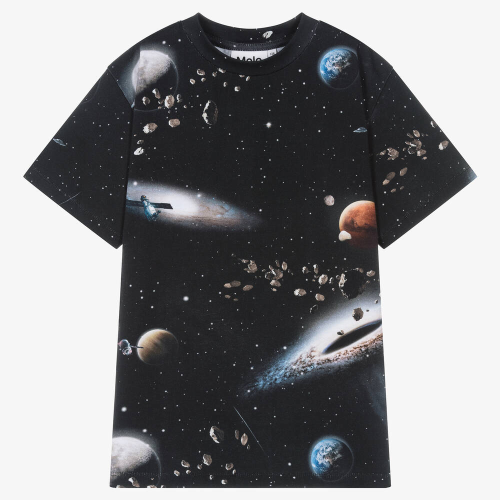 Molo - Teen Boys Black Cotton Space T-Shirt | Childrensalon
