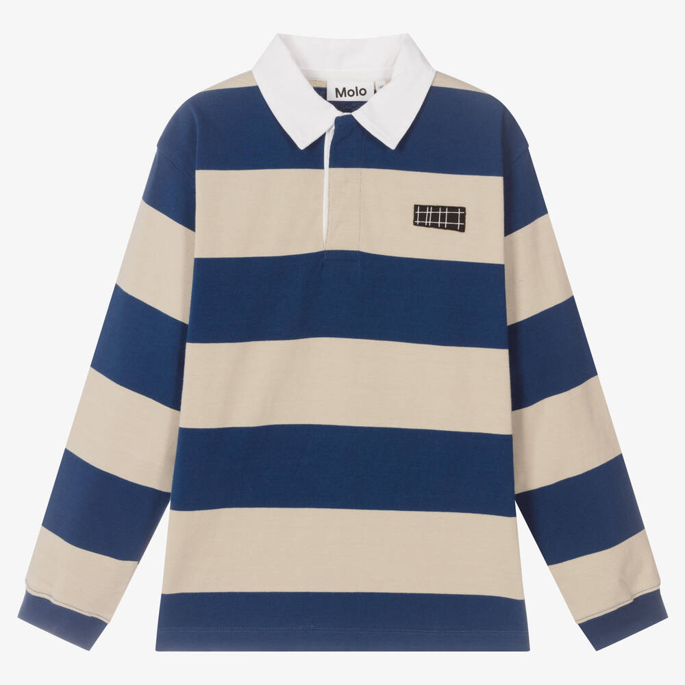 Molo - Teen Boys Blue & Beige Striped Rugby Shirt | Childrensalon