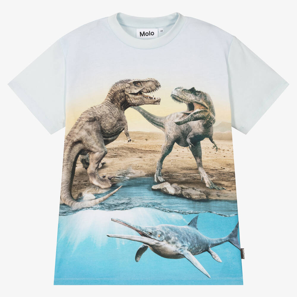 Molo - T-shirt bleu en coton à dinosaures | Childrensalon