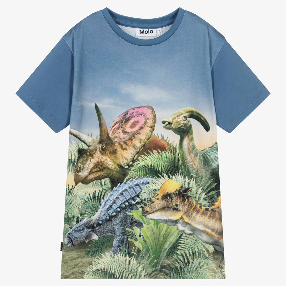 Molo - T-shirt bleu en coton dinosaures | Childrensalon
