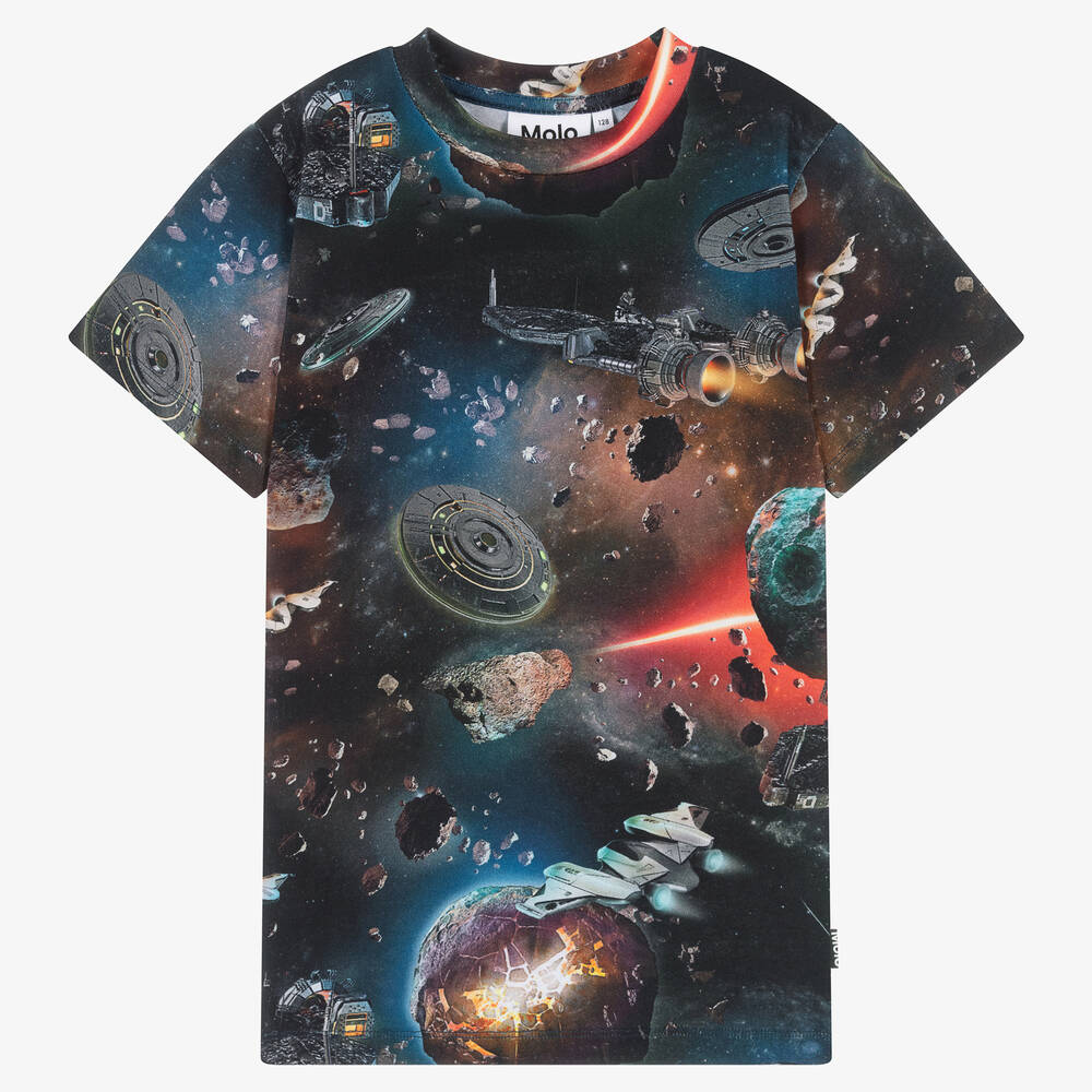 Molo - Синяя хлопковая футболка с космическим принтом | Childrensalon