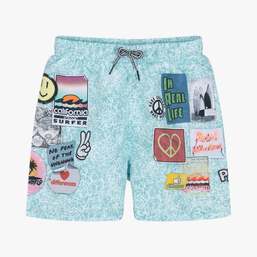 Molo - Teen Boys Blue Sticker Swim Shorts (UPF50+) | Childrensalon