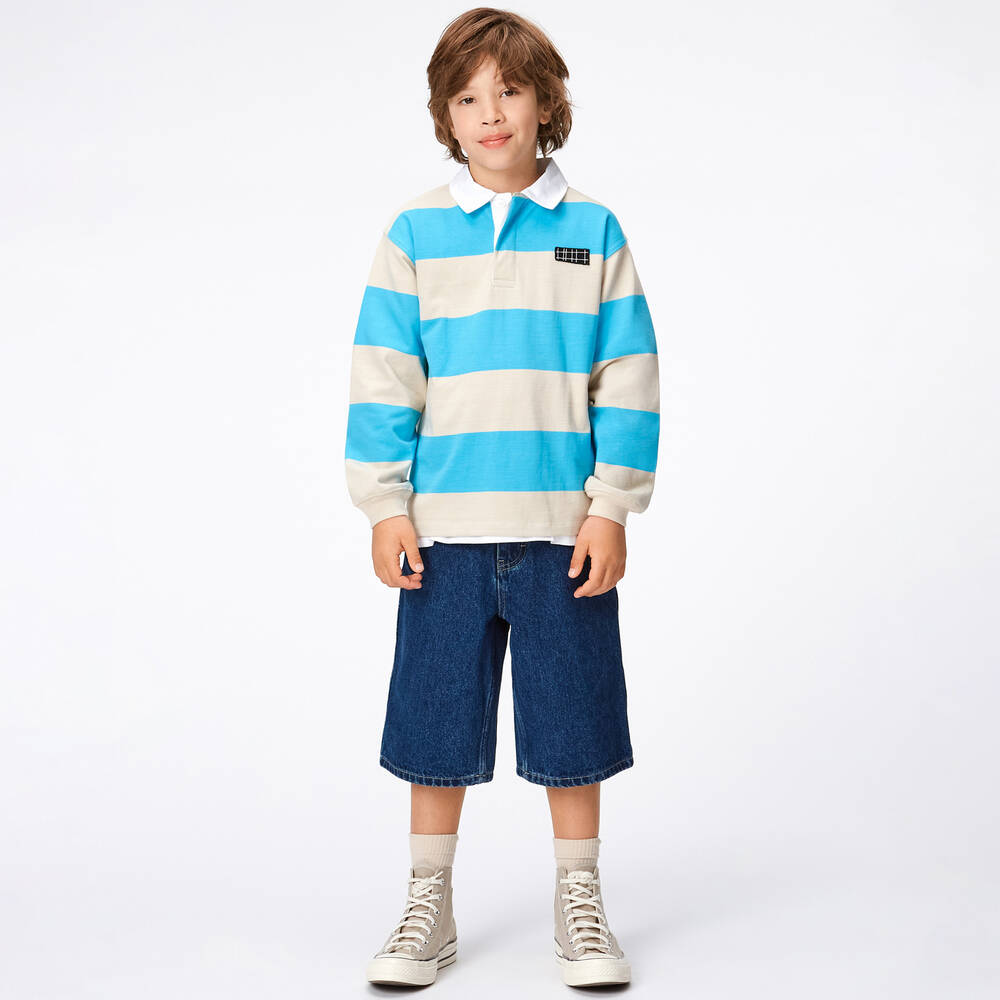Molo-Teen Boys Blue Striped Cotton Rugby Shirt | Childrensalon Outlet