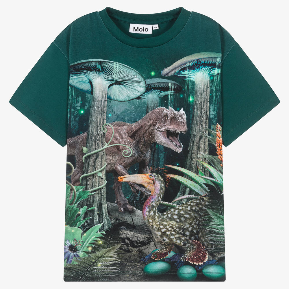 Molo - Teen Boys Green Cotton T-Rex Forest T-Shirt | Childrensalon