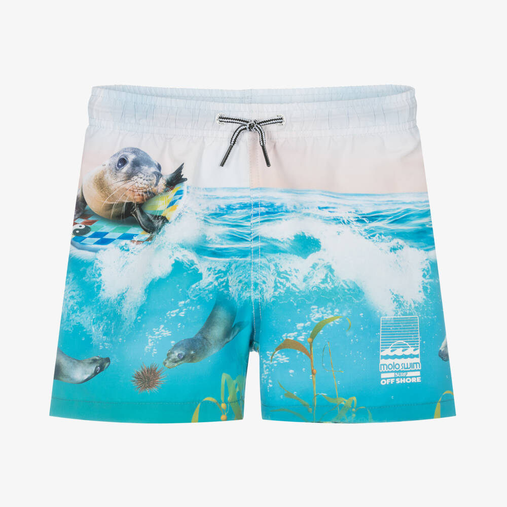 Molo-Teen Boys Turquoise Sealion Swim Trunks | Childrensalon Outlet