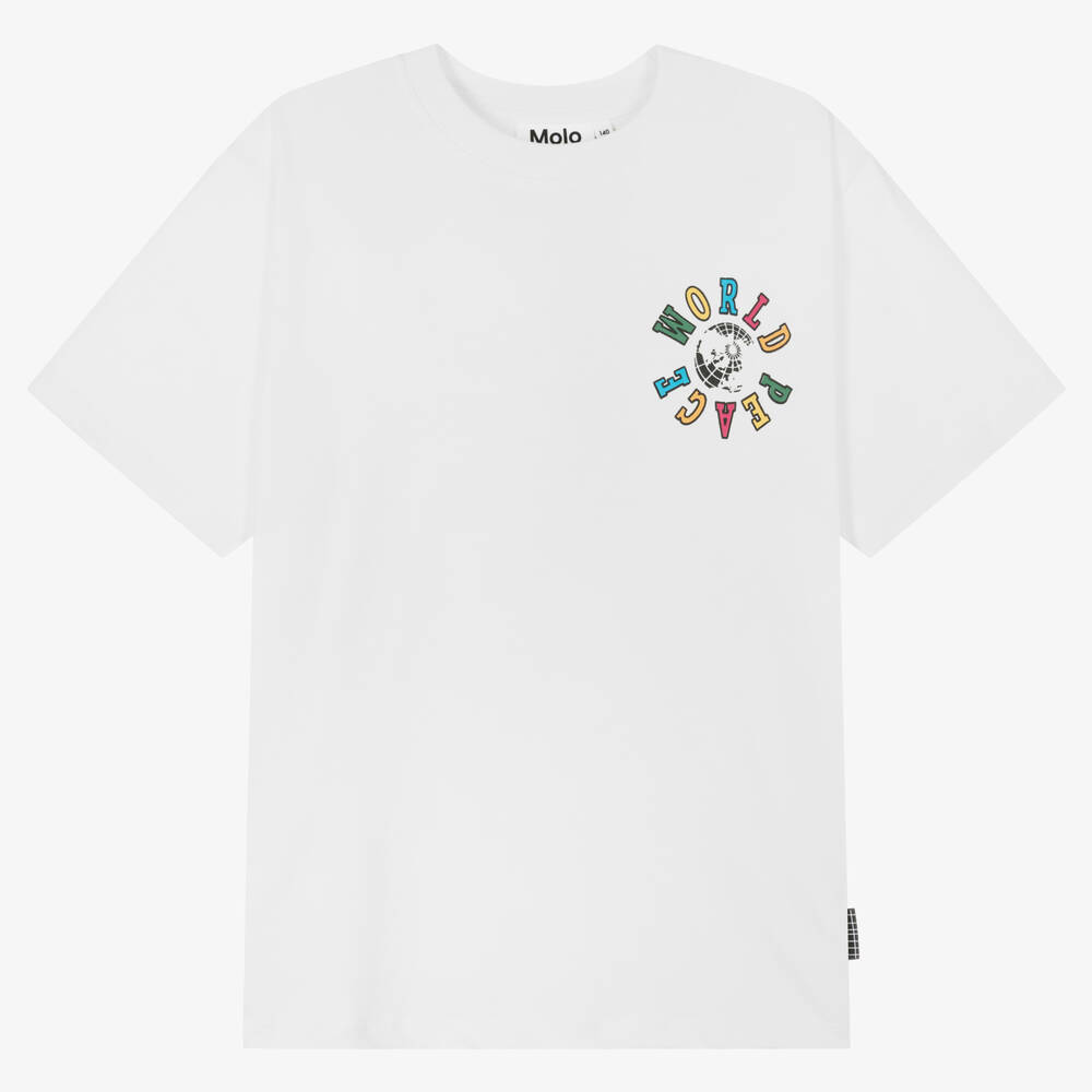 Molo-Teen Boys White Cotton World Peace T-Shirt | Childrensalon Outlet