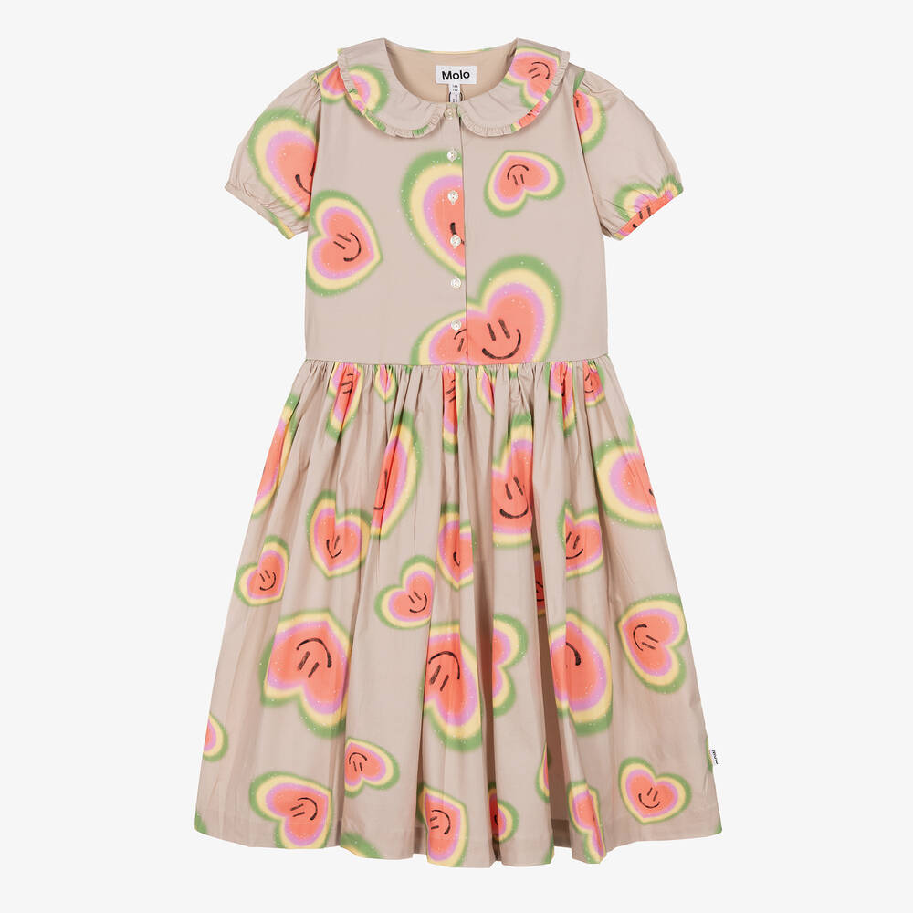 Molo - Teen Girls Beige Organic Cotton Heart Dress  | Childrensalon