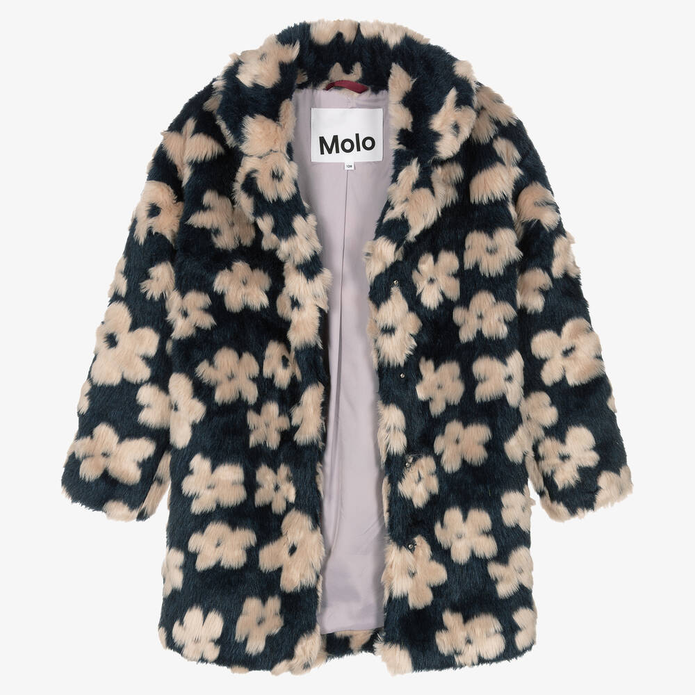 Molo-Teen Girls Blue Floral Faux Fur Coat | Childrensalon Outlet