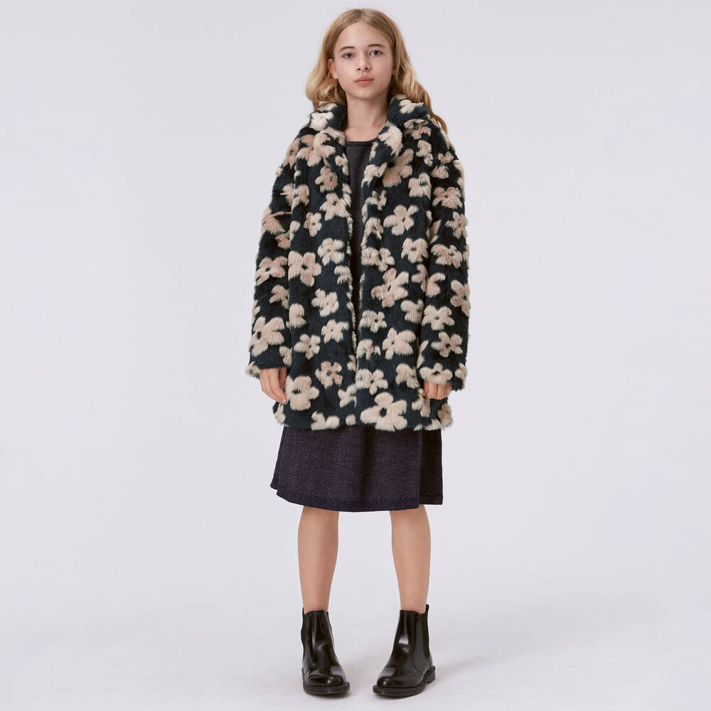 Molo-Teen Girls Blue Floral Faux Fur Coat | Childrensalon Outlet