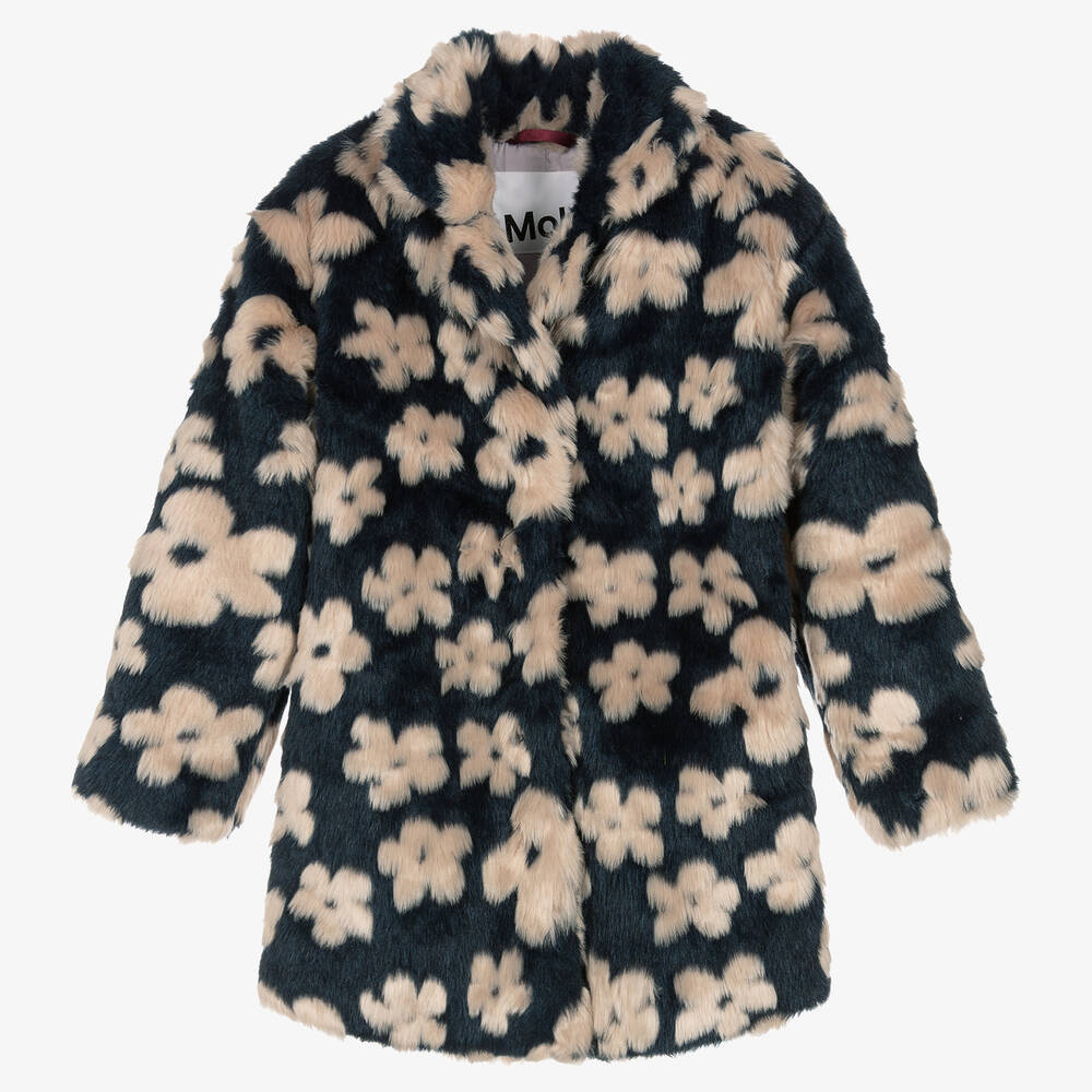 Molo - Teen Girls Blue Floral Faux Fur Coat | Childrensalon