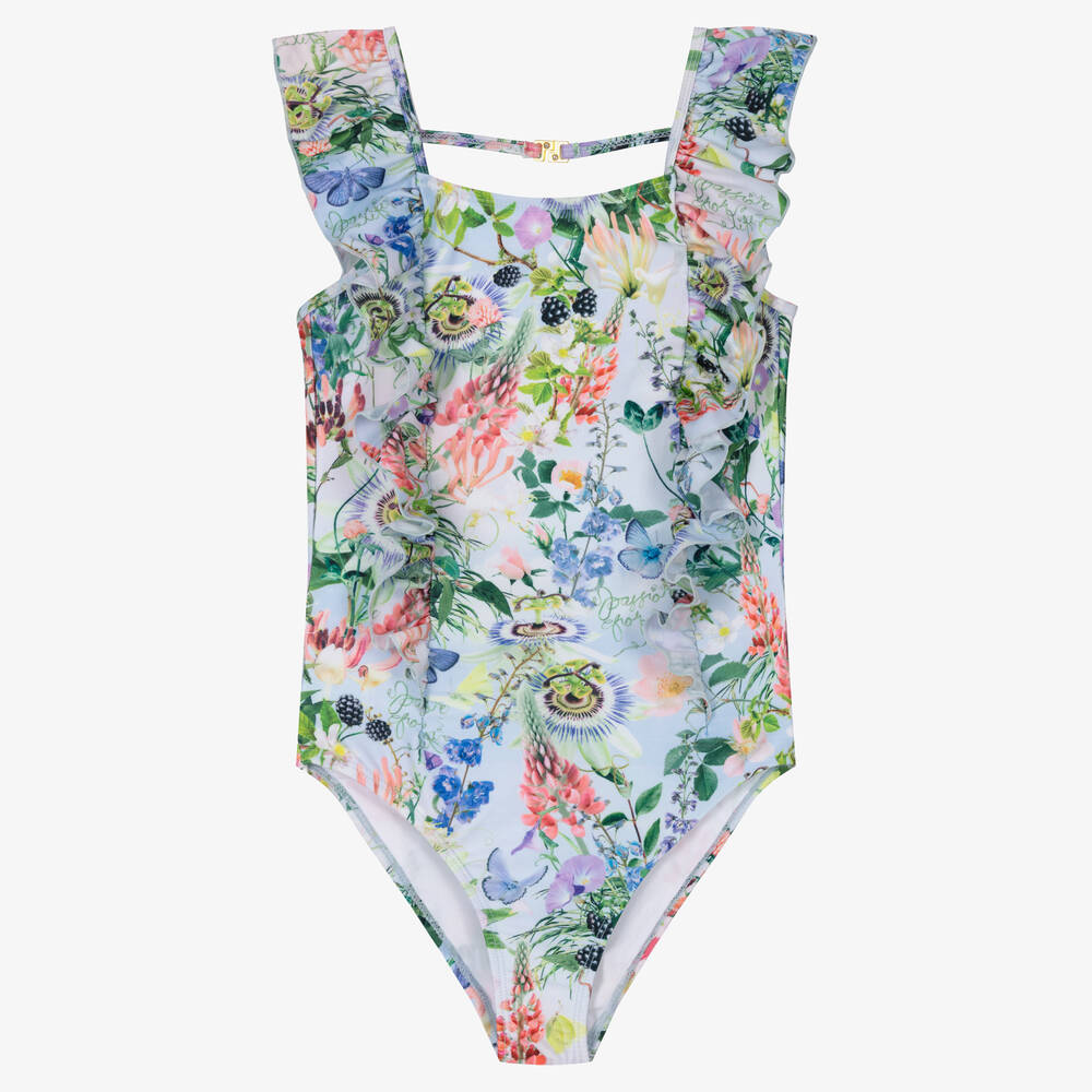 Molo - Teen Girls Blue Floral Ruffle Swimsuit (UPF50+) | Childrensalon