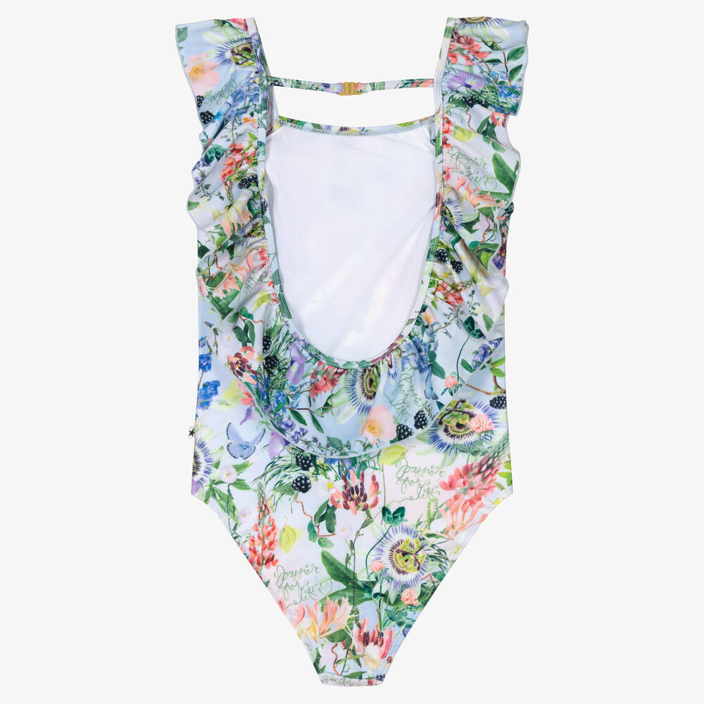 Molo-Teen Girls Blue Floral Ruffle Swimsuit (UPF50+) | Childrensalon Outlet