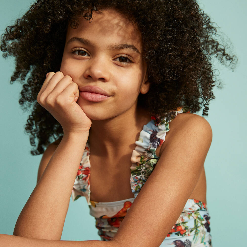 Molo-Teen Girls Blue Floral Ruffle Swimsuit (UPF50+) | Childrensalon Outlet