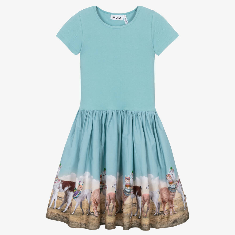 Molo - Teen Girls Blue Organic Cotton Llama Dress | Childrensalon