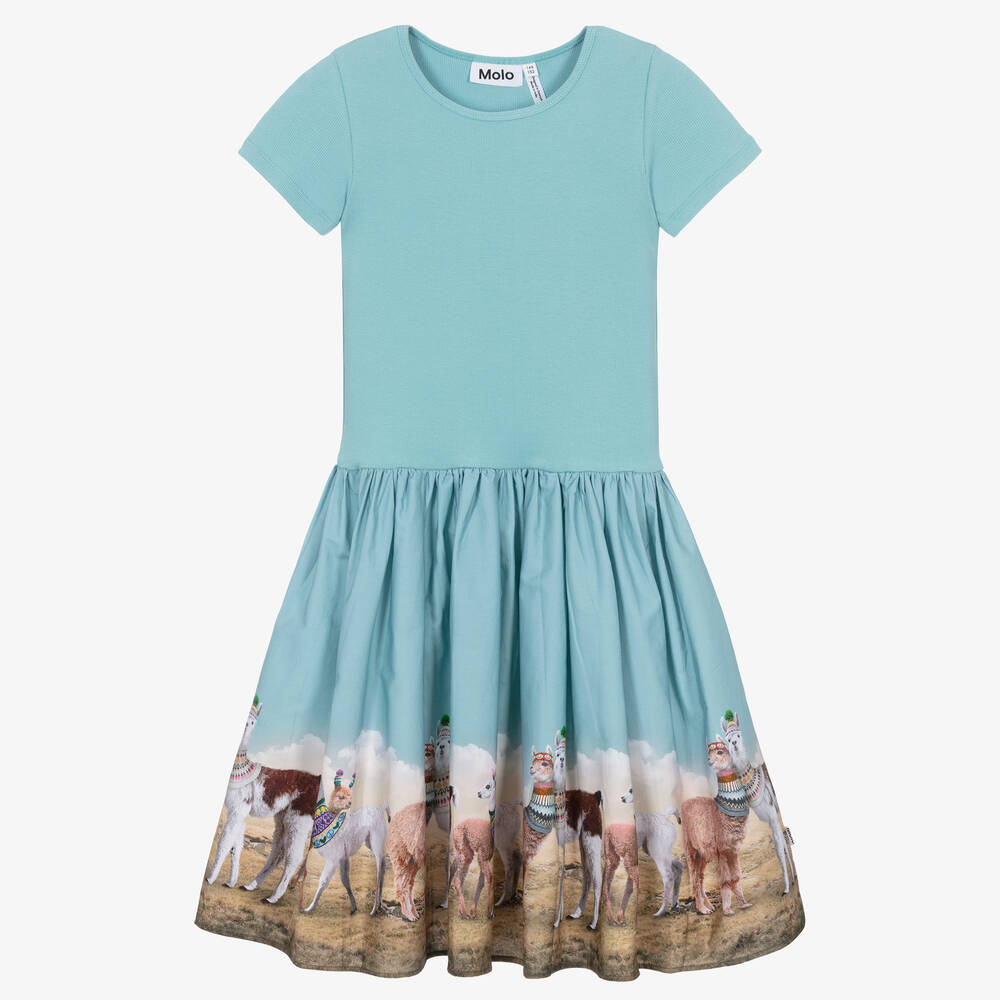 Molo-Teen Girls Blue Organic Cotton Llama Dress | Childrensalon Outlet