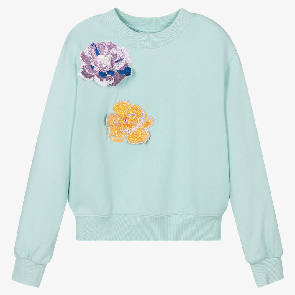 Molo - Teen Girls Blue Sequin Flower Sweatshirt | Childrensalon