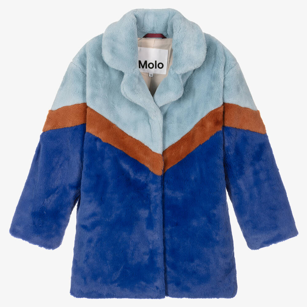 Molo - Teen Girls Blue Stripe Faux Fur Coat | Childrensalon