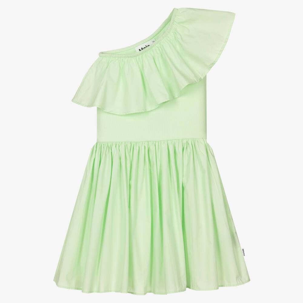 Molo - فستان تينز بناتي قطن عضوي مزين بكشكش لون أخضر | Childrensalon