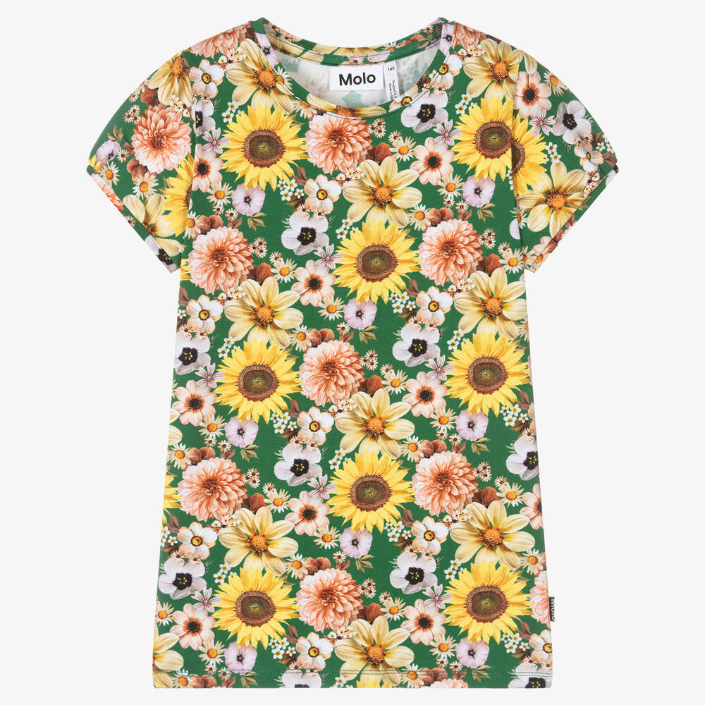 Molo - Teen Girls Green Cotton Floral T-Shirt | Childrensalon