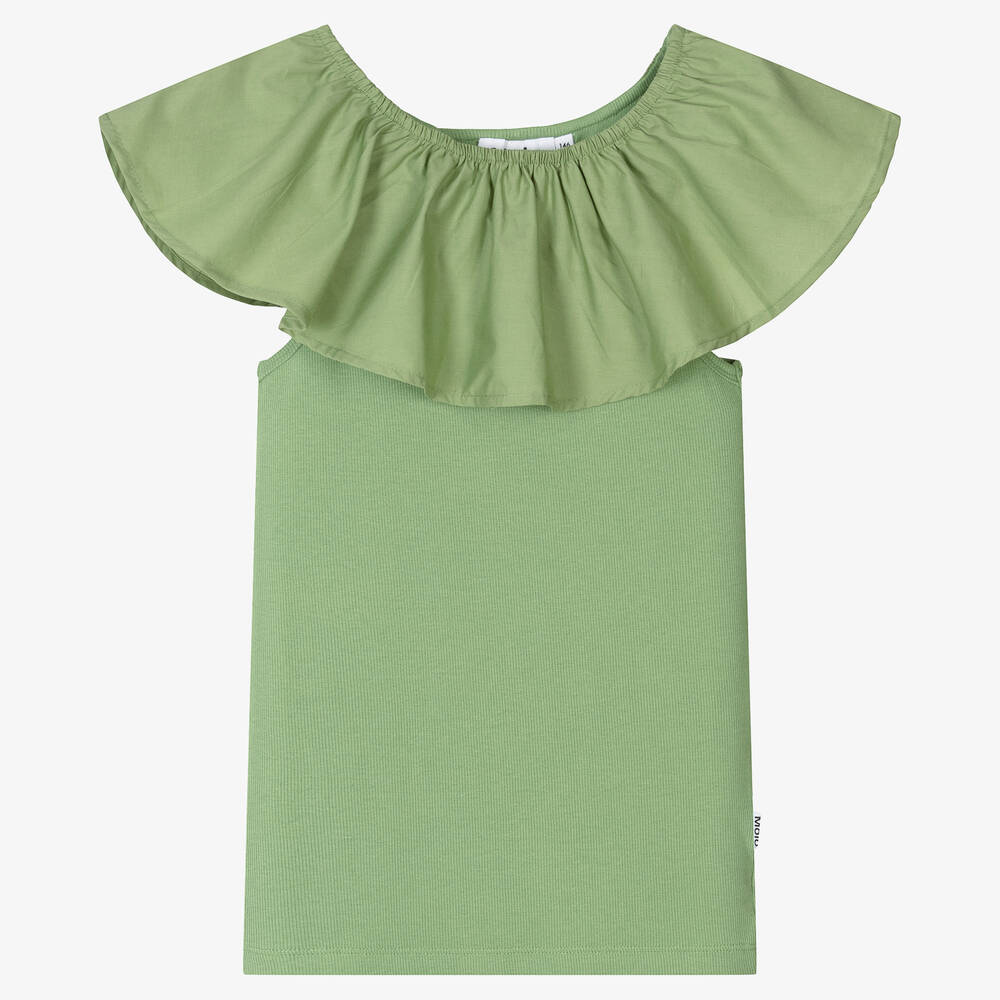 Molo - Teen Girls Green Cotton Ruffle Top | Childrensalon