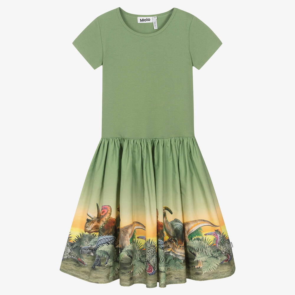 Molo - Teen Girls Green Organic Cotton Dinosaur Dress | Childrensalon