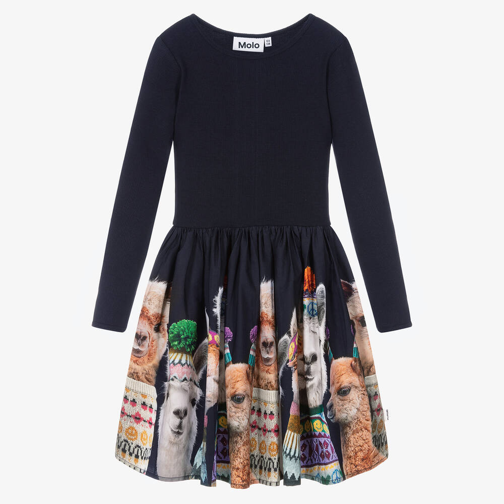 Molo - Teen Girls Navy Blue Llama Print Dress | Childrensalon