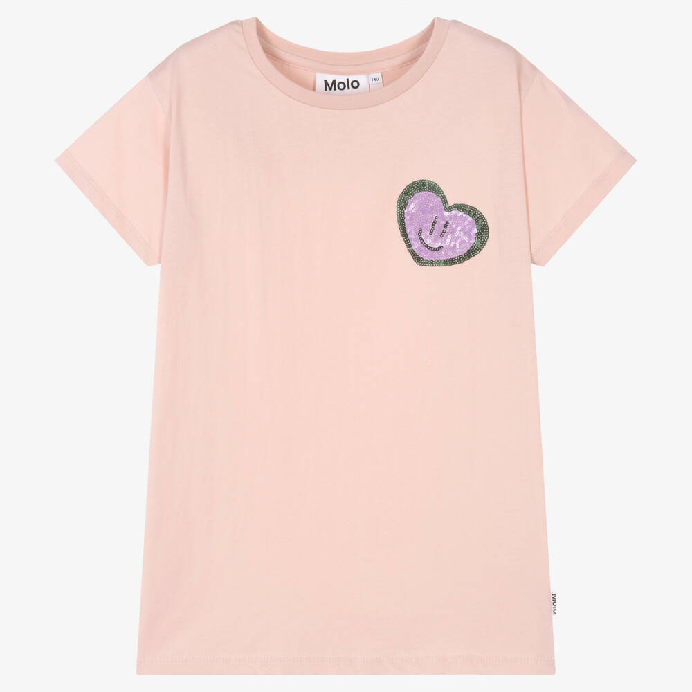 Molo - T-shirt coton rose cœur en sequins  | Childrensalon