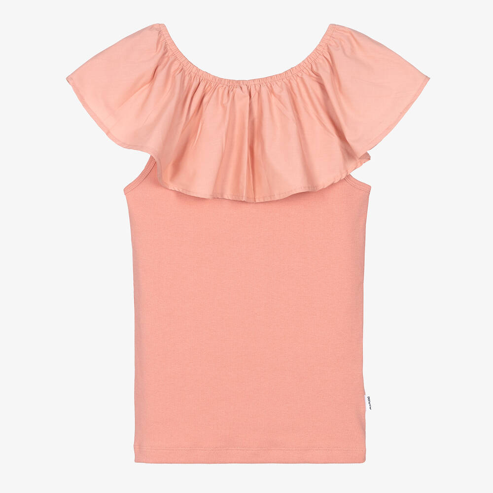 Molo - Teen Girls Pink Ruffle Neck Cotton Top | Childrensalon