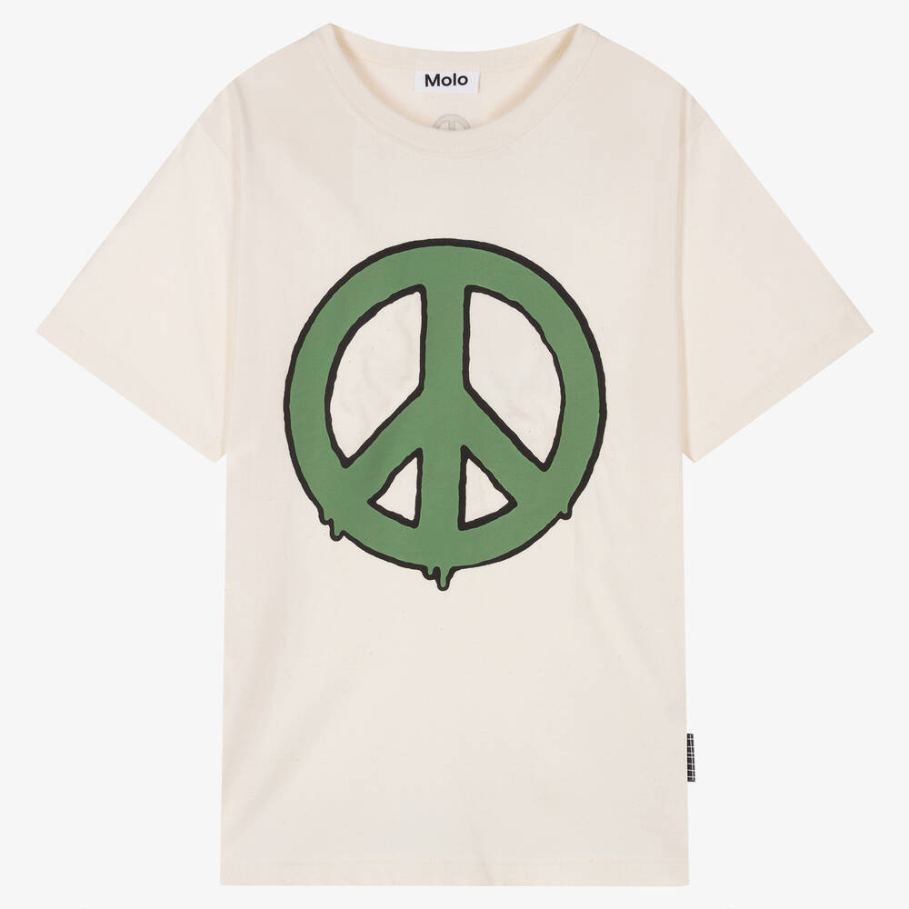 Molo - Teen Ivory & Green Peace Cotton T-Shirt | Childrensalon