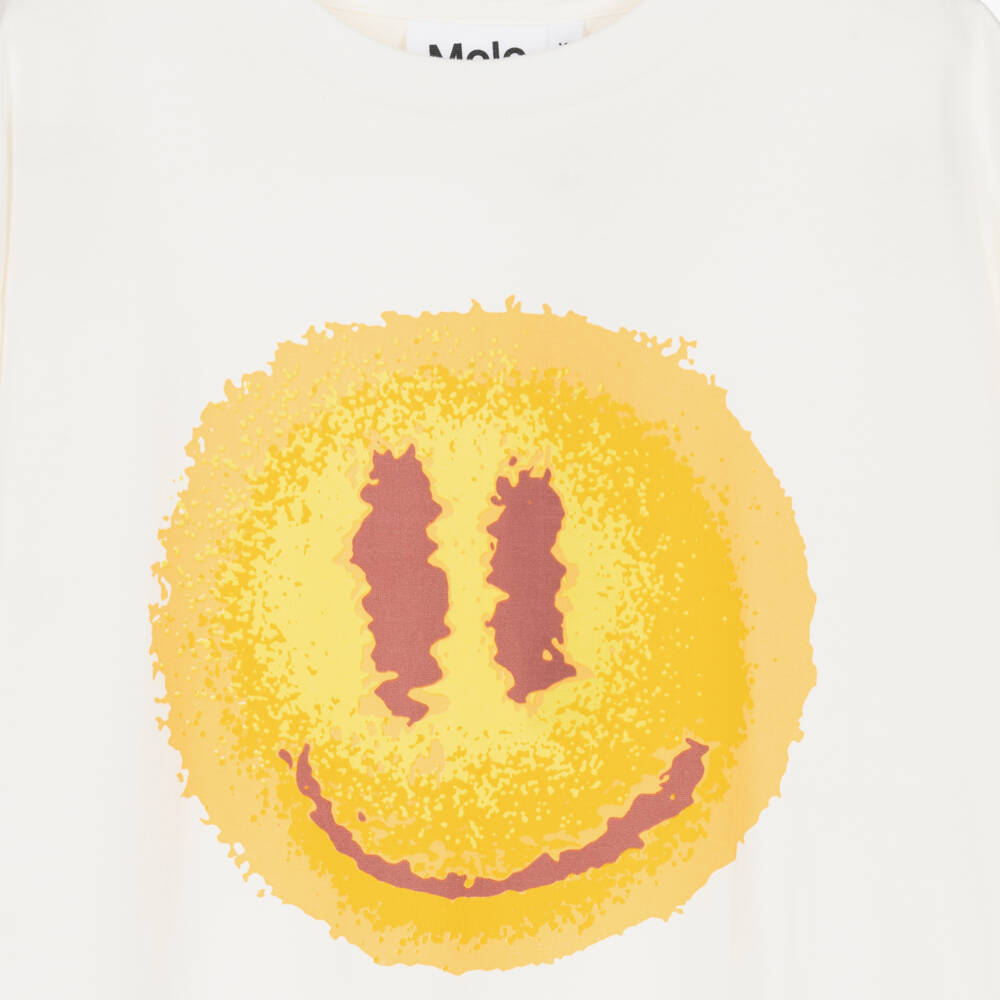 Molo-White Organic Cotton T-Shirt with Hazy Smiling Sun | Childrensalon Outlet