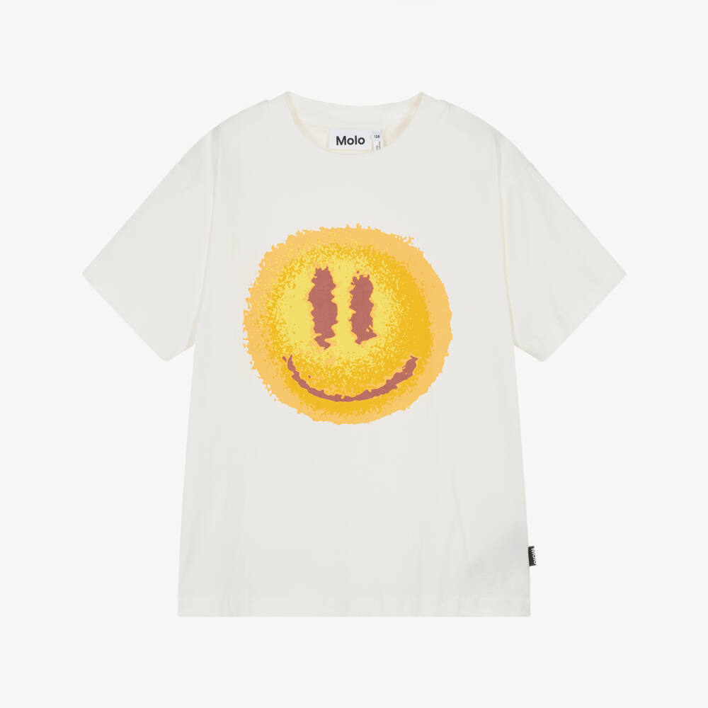 Molo-White Organic Cotton T-Shirt with Hazy Smiling Sun | Childrensalon Outlet
