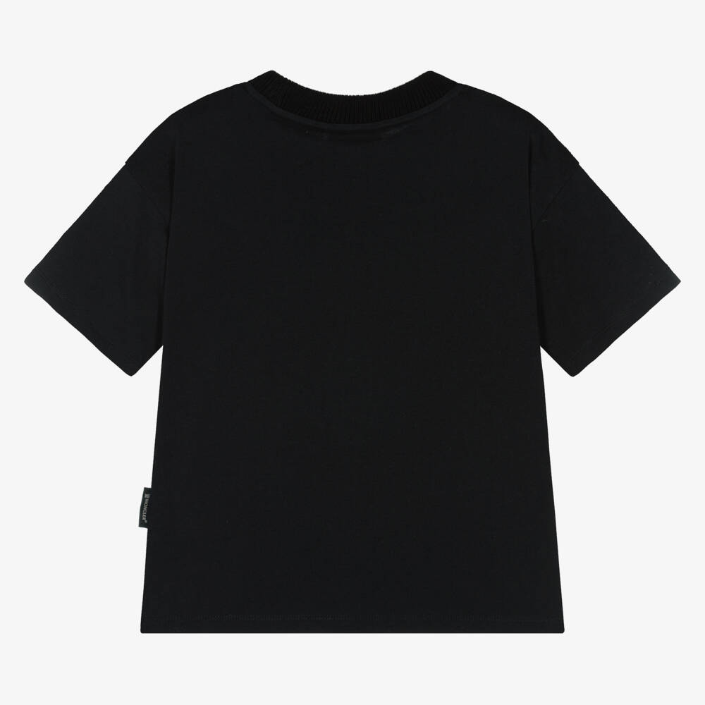Moncler Enfant-تيشيرت أسود براق للبنات مع شعار | Childrensalon Outlet