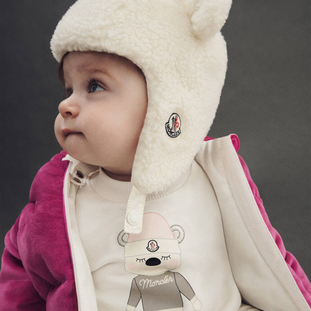 Moncler Enfant-تيشيرت قطن كريمي للبنات مع تصميم دب | Childrensalon Outlet