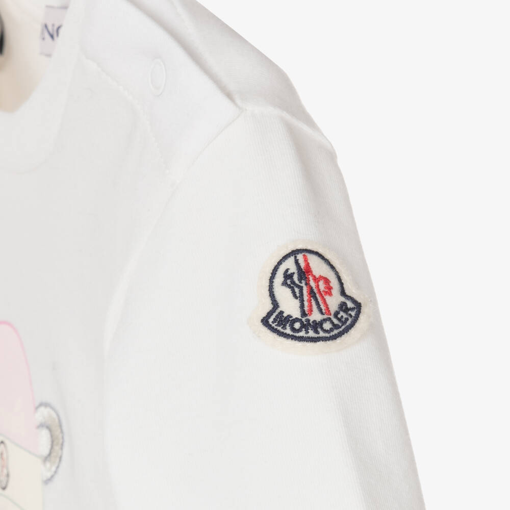 Moncler Enfant-تيشيرت قطن كريمي للبنات مع تصميم دب | Childrensalon Outlet