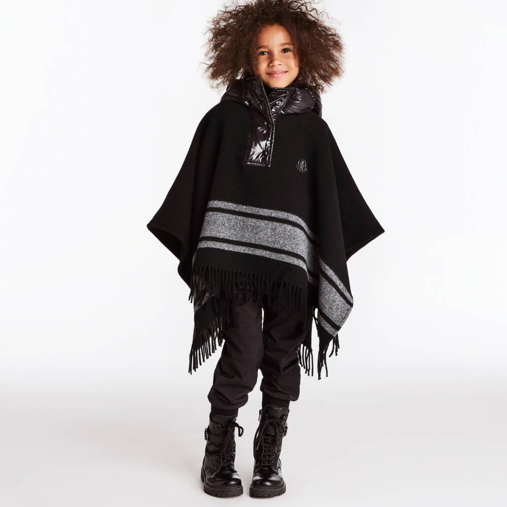 Moncler Enfant-عباءة صوف سوداء أنيقة للبنات | Childrensalon Outlet