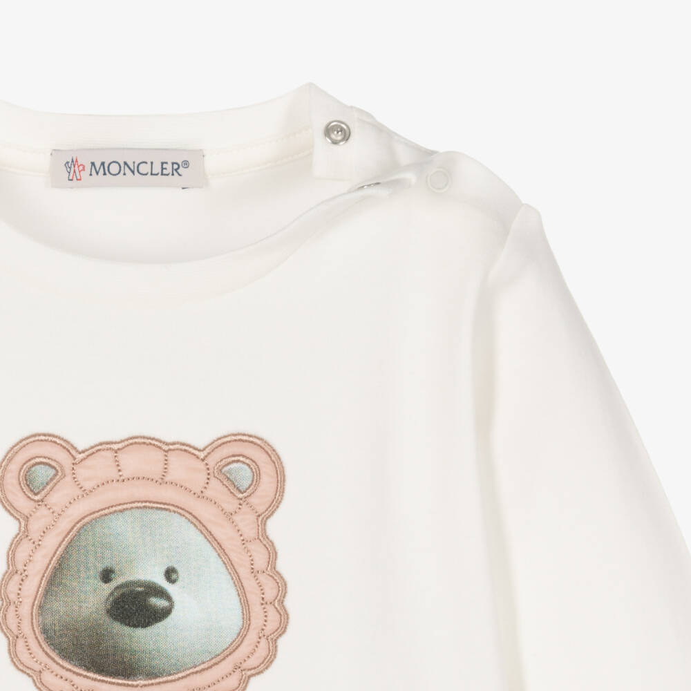 Moncler Enfant-تيشيرت قطن عاجي للبنات مع تصميم دب | Childrensalon Outlet