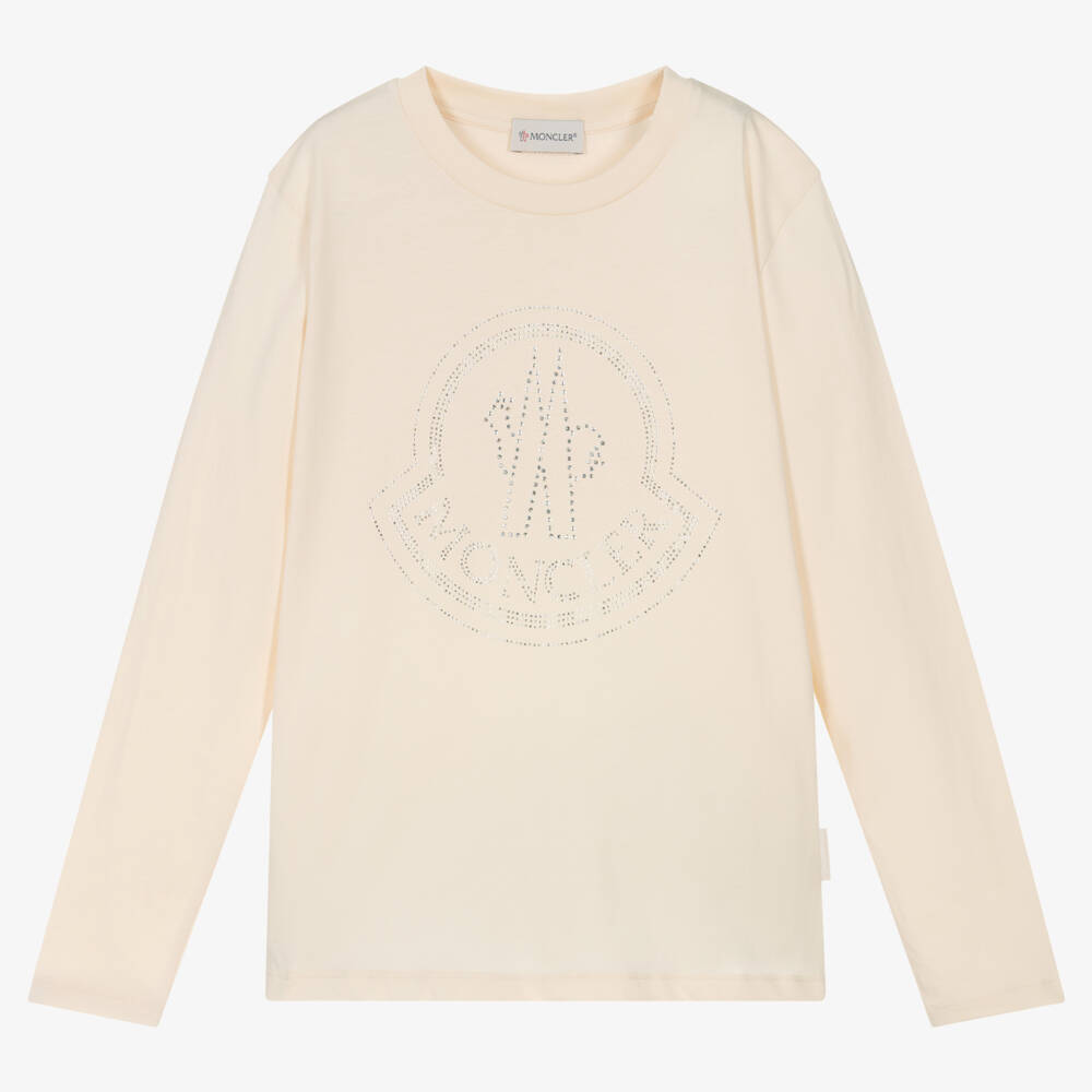 Moncler Enfant-Кремовый хлопковый топ с кристаллами для девочек | Childrensalon Outlet