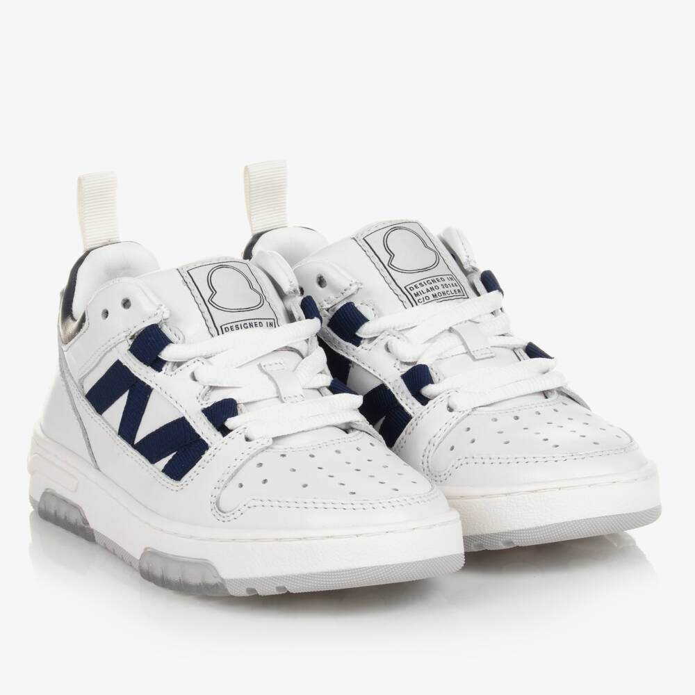 Moncler Enfant-حذاء رياضي جلدي أبيض بتفاصيل كحلية | Childrensalon Outlet