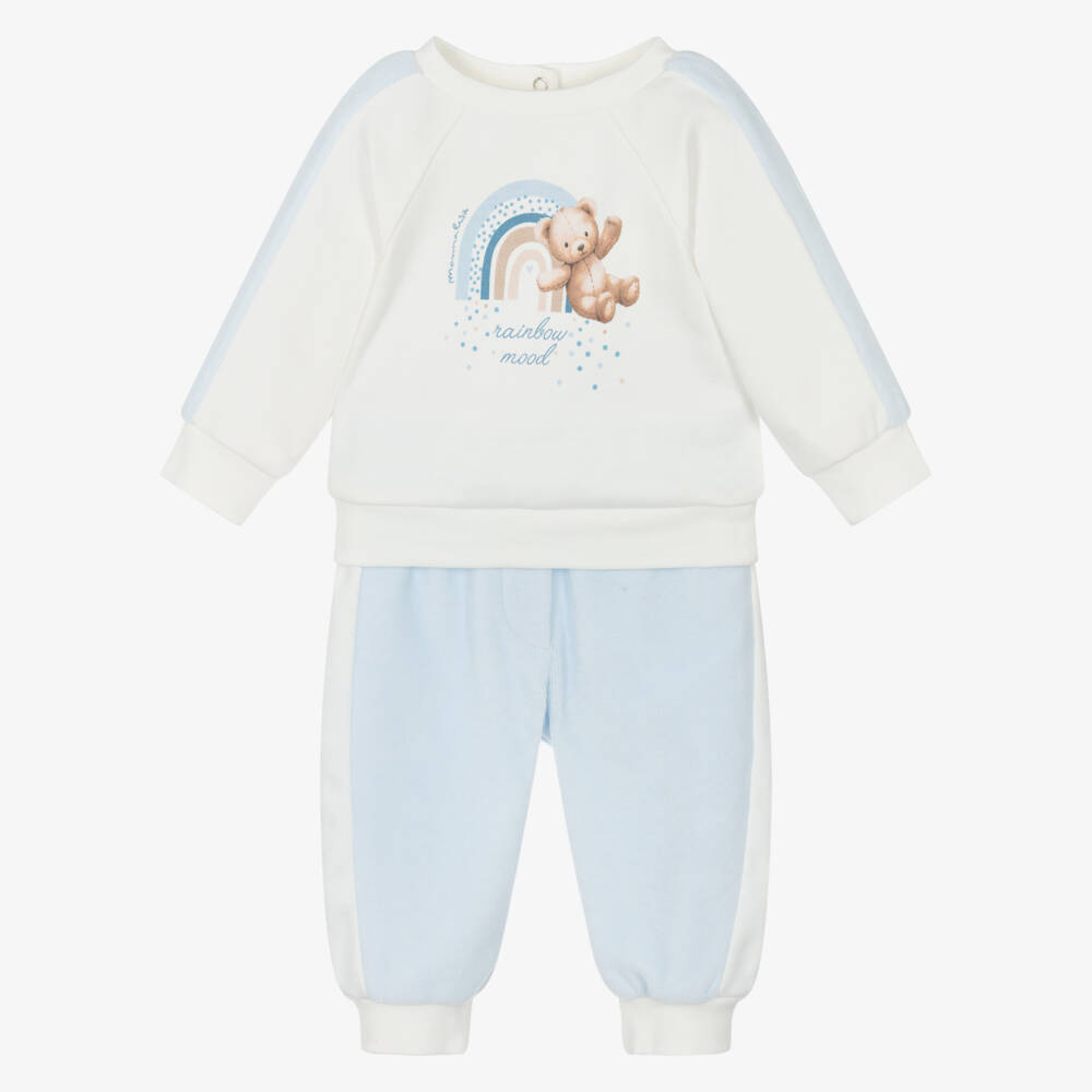 Monnalisa-Baby Boys Ivory & Blue Velour Teddy Bear Tracksuit | Childrensalon Outlet